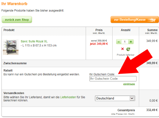 Eine Beispielbestellung mit dem markierten Feld Gutscheincode