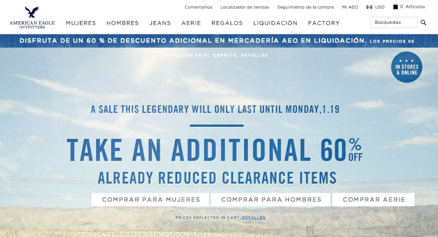 Visita la tienda online screen de la tienda online American Eagle - pagina home