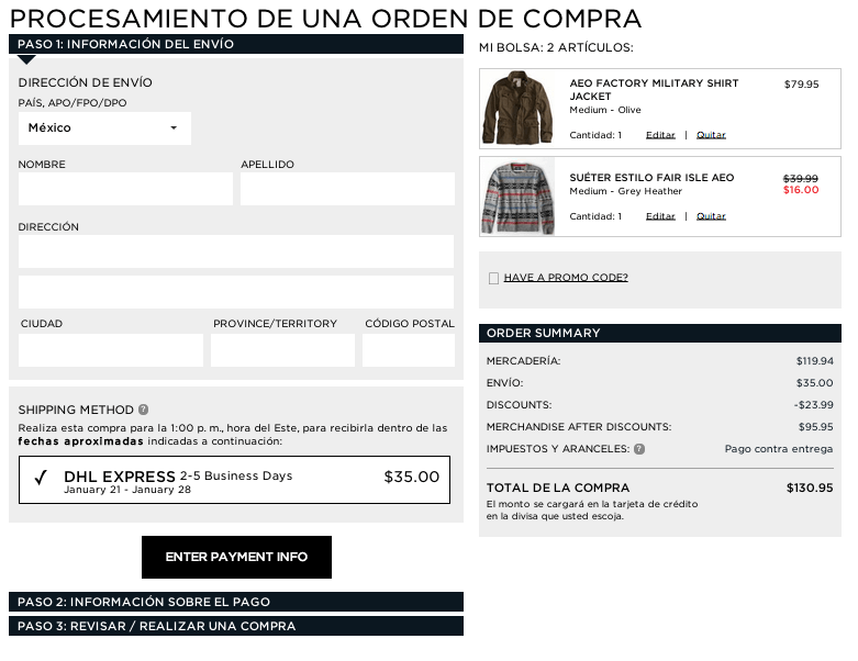 El proceso de la compra en la tienda online proceso de compra American Eagle