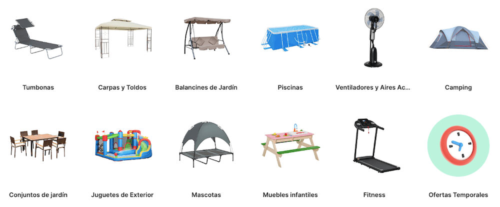 Las categorías de productos vendidos en Aosom