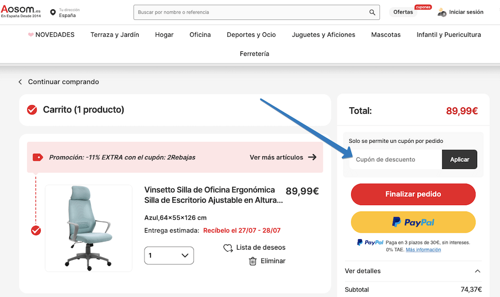 Dónde ingresar el código descuento Aosom en la página web
