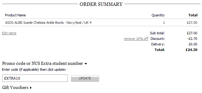 Carrito de compra con cupon descuento Asos Realización de pedido con cupones promocionales Asos