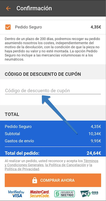 Dónde ingresar el código de descuento Autodoc en la app
