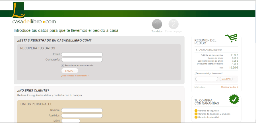 Carrito de compra con codigo descuento Casa del libro Screen de la tienda casa del libro