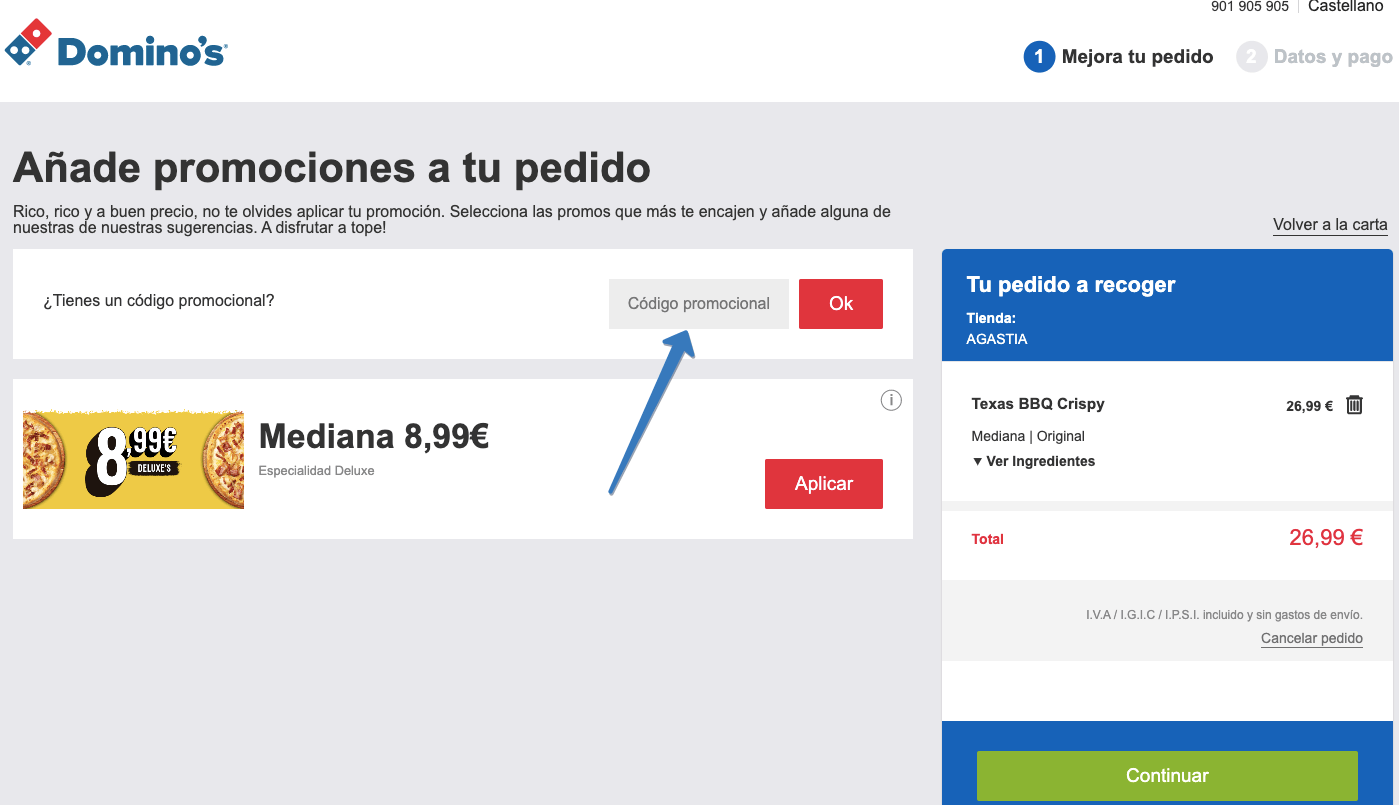 Dónde ingresar el cupón Domino’s en la página web (opción 2)