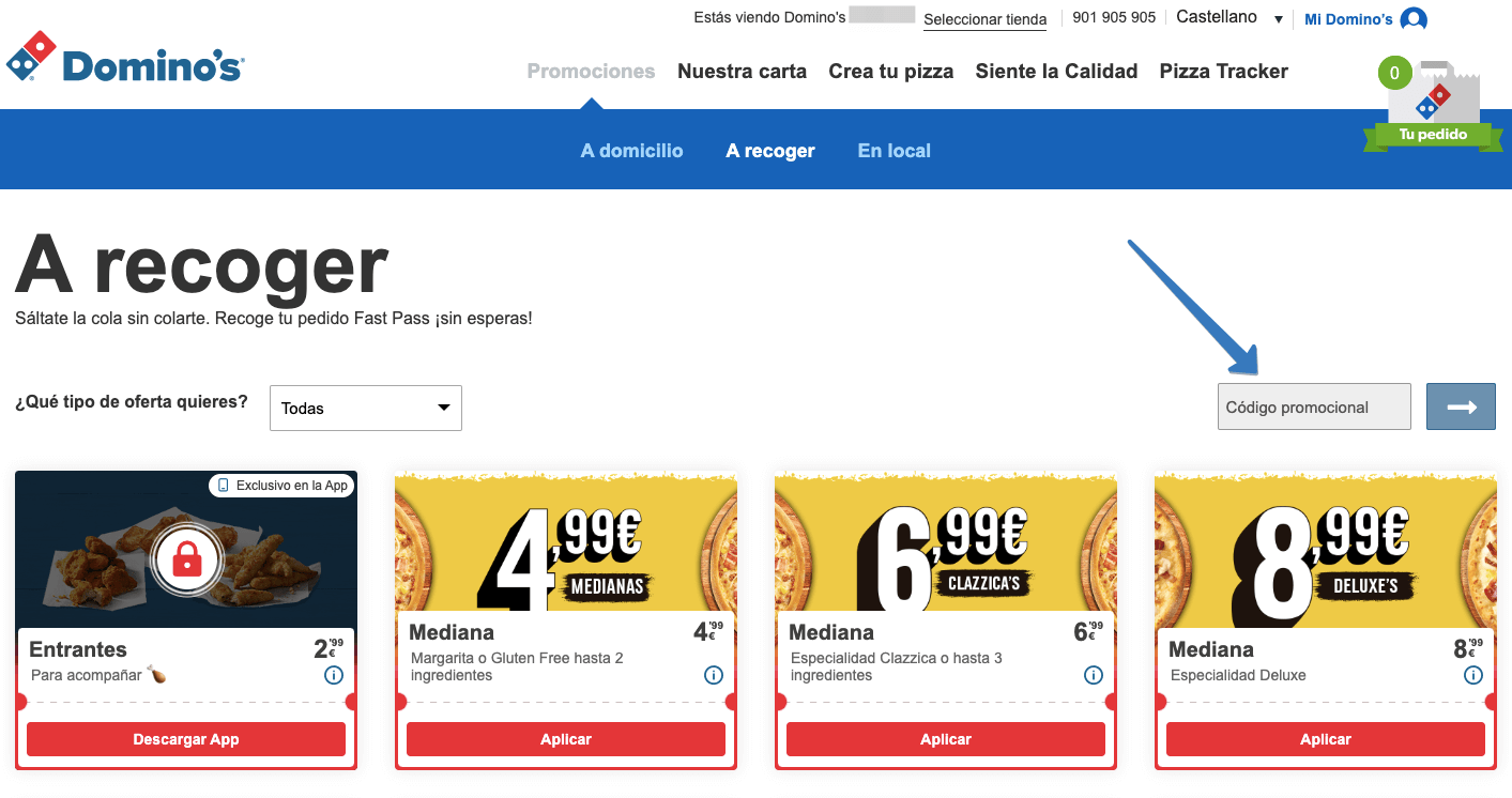Dónde ingresar el cupón Domino´s en la página web (opción 1)