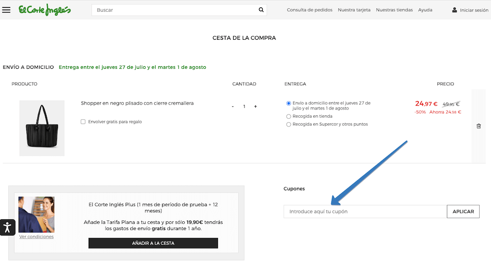 Dónde ingresar el cupón descuento El Corte Inglés en la página web