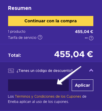 Dónde ingresar el código de descuento Eneba en la página web