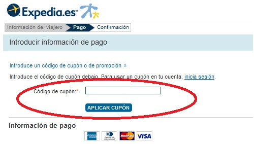 Carrito de compra con codigo descuento Expedia Realización de pago con cupon descuento Expedia