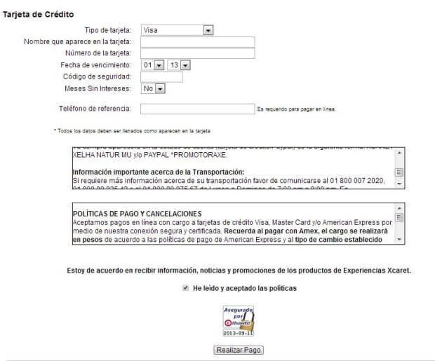 formulario de pago, experiencias como realizar el pago experiencias xcaret