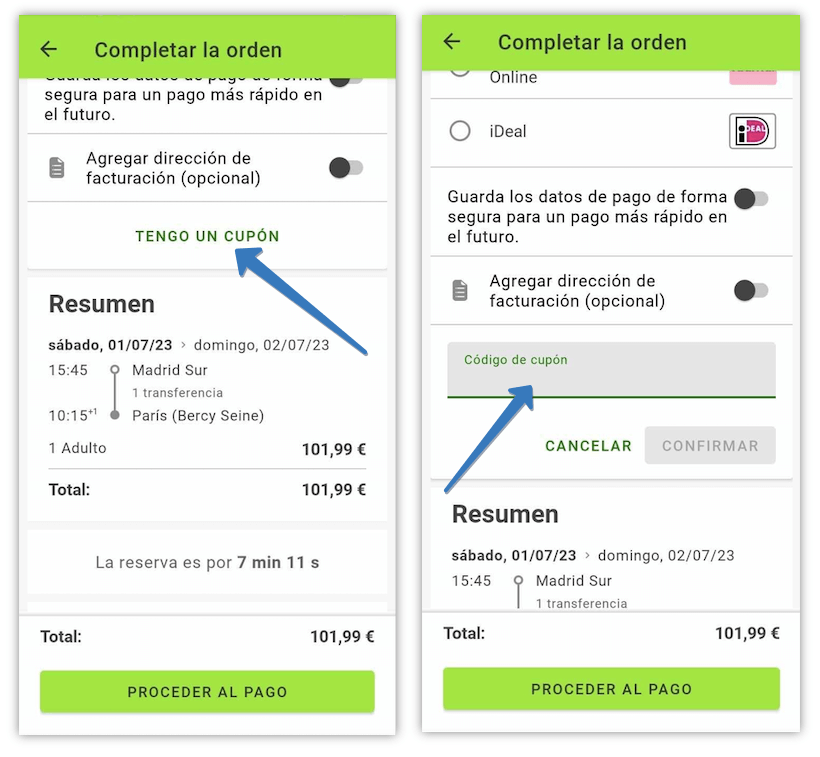 Dónde ingresar el código promocional en la app de Flixbus