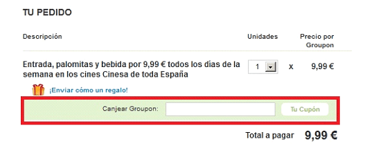 Carrito de compra con codigo descuento Groupon Realización del pedido con codigo descuento Groupon.