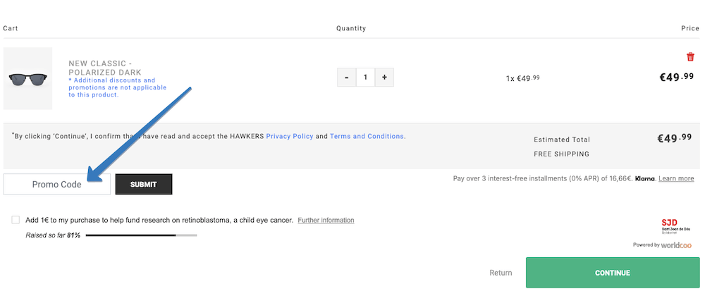 Dónde ingresar el código promocional Hawkers en la página web