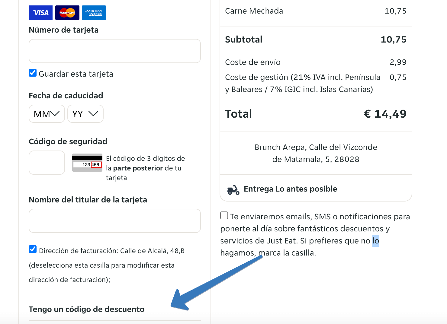 Dónde ingresar el código promocional Just Eat en la página web