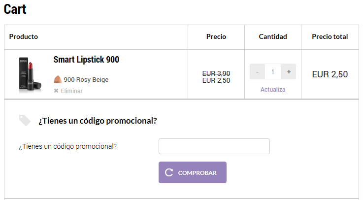 Carrito de compra con codigo promocional Kiko Realización del pedido con codigo promocional Kiko