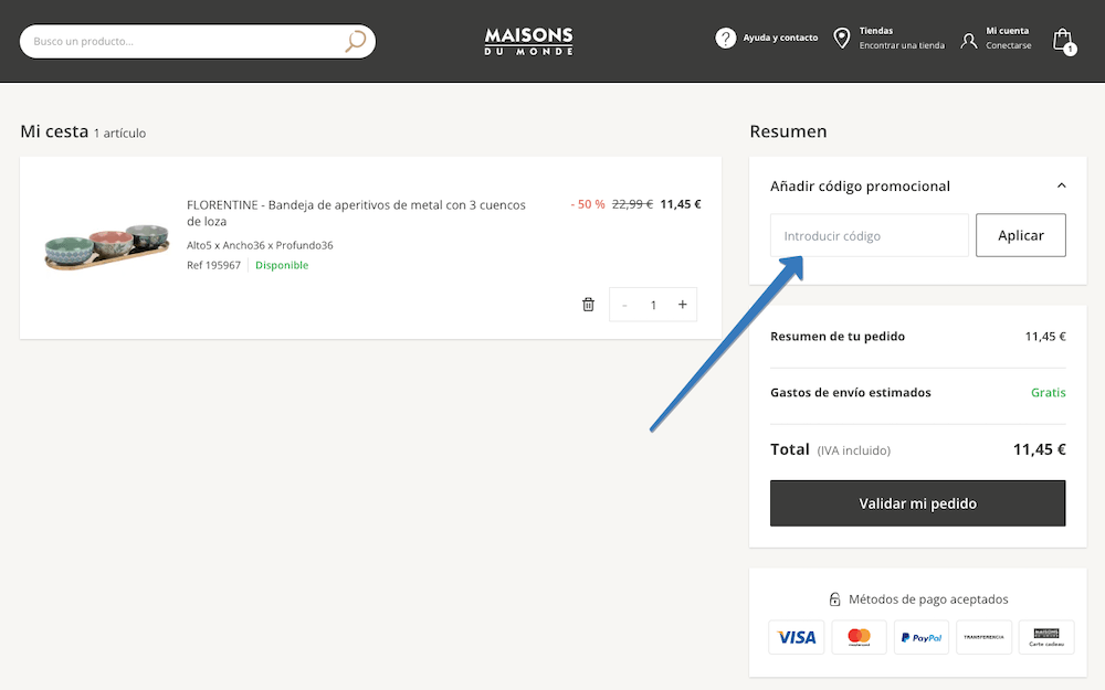 Dónde ingresar el cupon descuento Maisons du monde en la página web