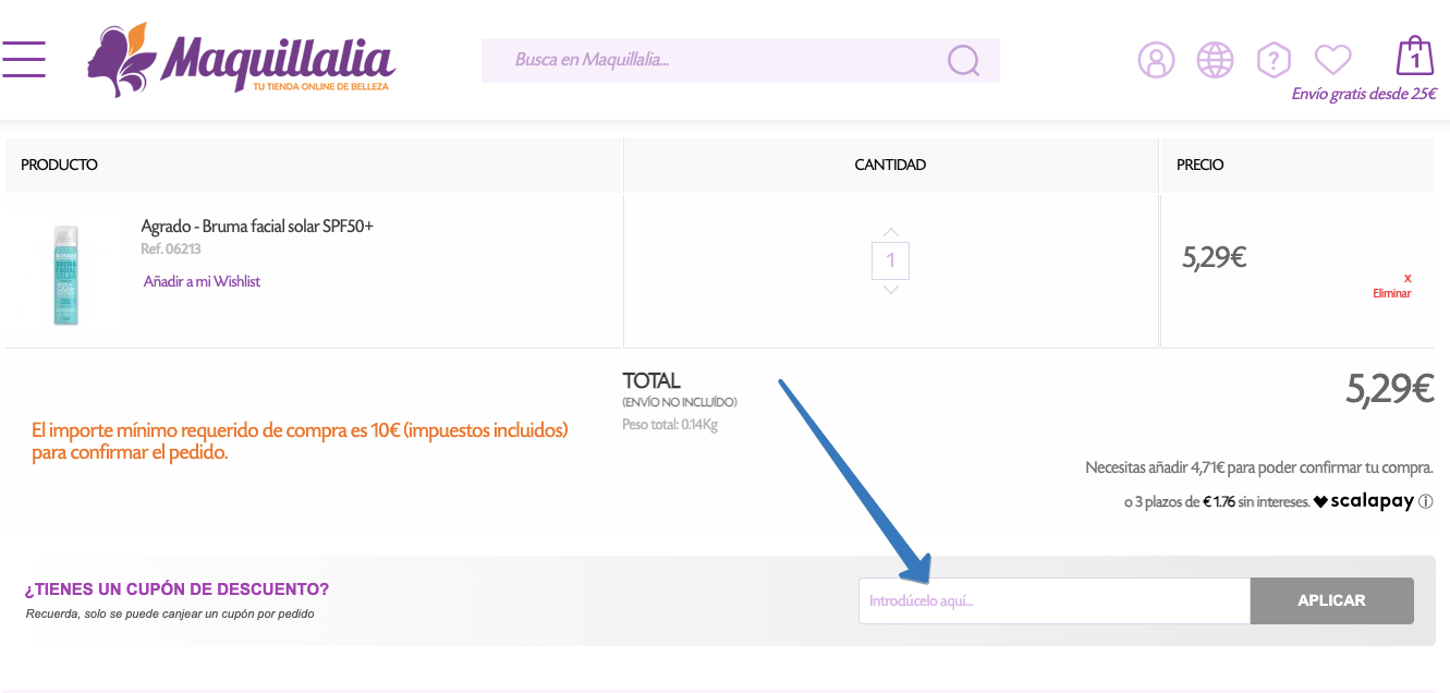 Dónde ingresar el cupón descuento Maquillalia en la página web