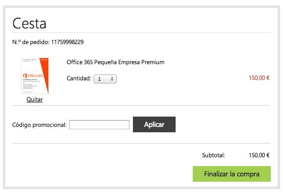 Carrito de compra con codigo promocional Microsoft Realización del pedido con codigo promocional Microsoft Store