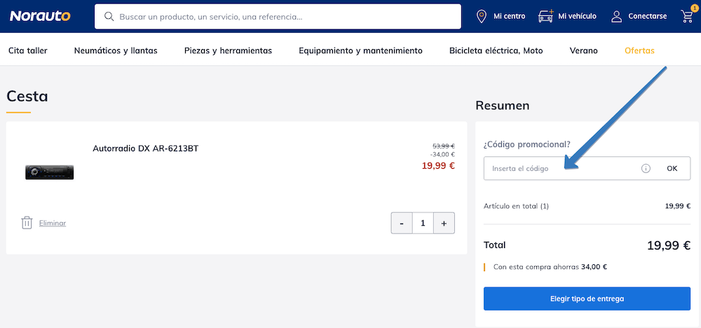 Dónde ingresar el código descuento Norauto en la página web
