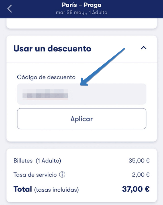 Dónde ingresar el código de descuento en Omio