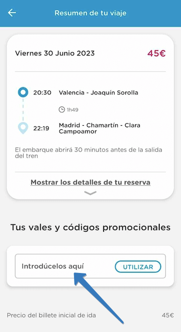 Dónde ingresar el código promocional en la app de OUIGO