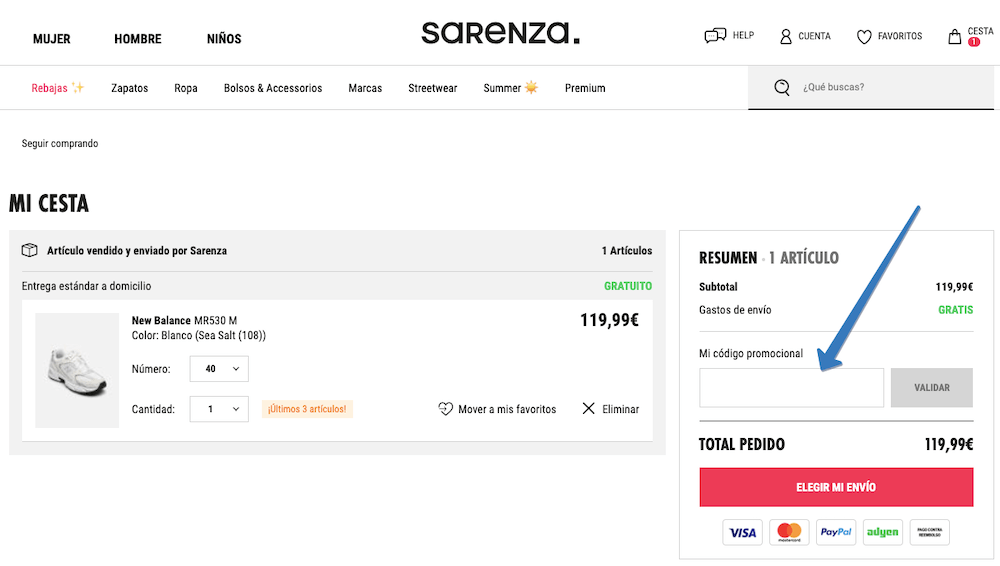 Dónde ingresar el código promocional Sarenza en la página web