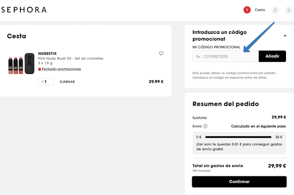 Dónde ingresar el código promocional Sephora en la página web
