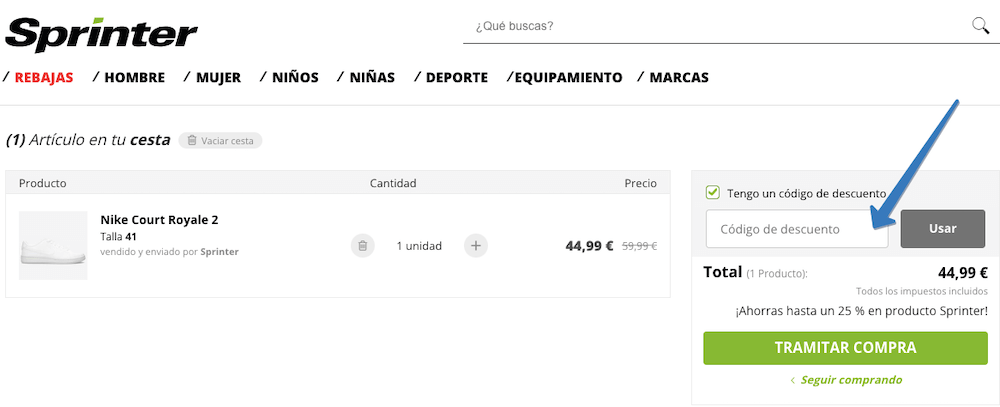 Dónde ingresar el código descuento Sprinter en la página web