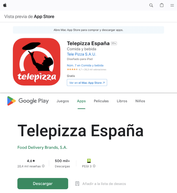 App de Telepizza AppStore / Google Play