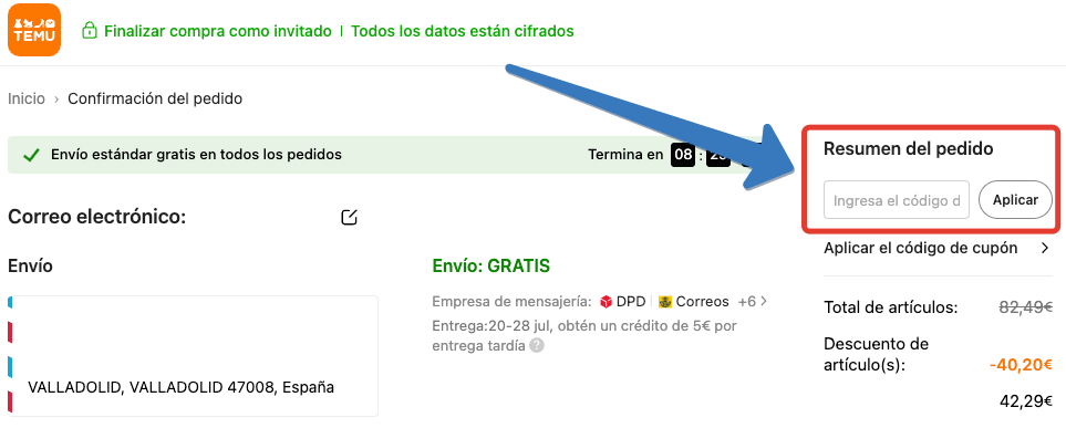 ¿Dónde introducir el código del cupón Temu?