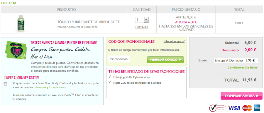 Cesta de compra The body shop Realización del pedido con codigo promocional The Body Shop