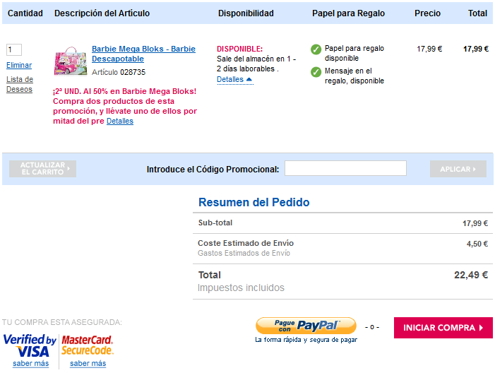 Cesta de la compra Toysrus Realización del pedido con codigo promocional ToysRus