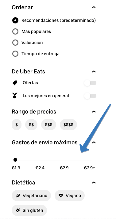 El control deslizante Gastos de envío máximos
