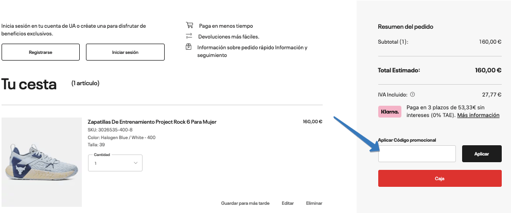 Dónde ingresar el código descuento Under Armour en la página web