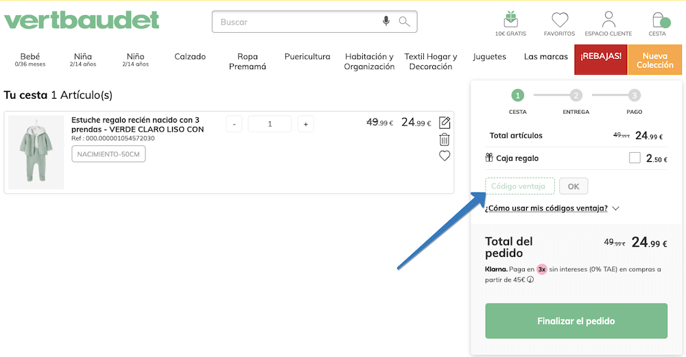 Dónde ingresar el código descuento Vertbaudet en la página web
