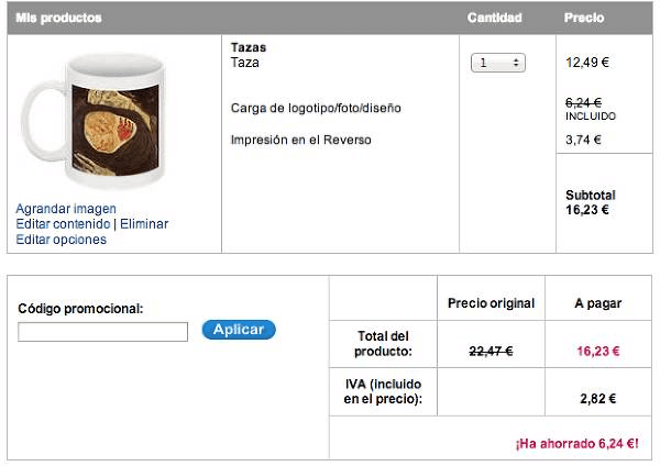 Cesta de la compra con codigo promocional Vistaprint Realización del pedido con codigo promocional Vistaprint