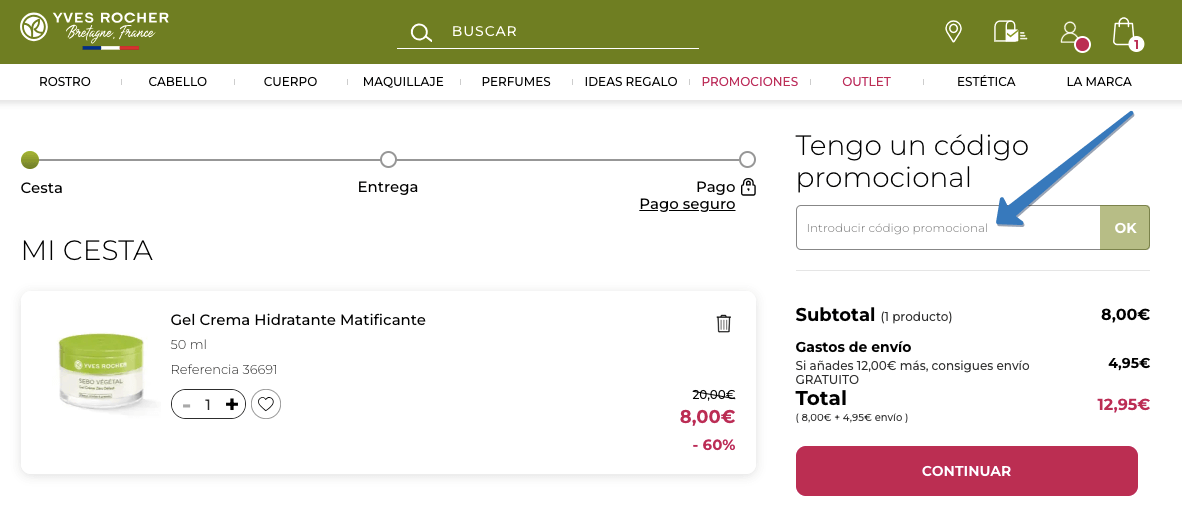 Dónde ingresar el código descuento Yves Rocher en la página web