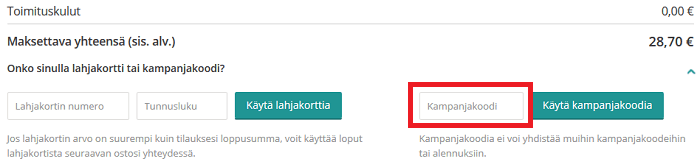 Lisää saamasi alennuskoodi