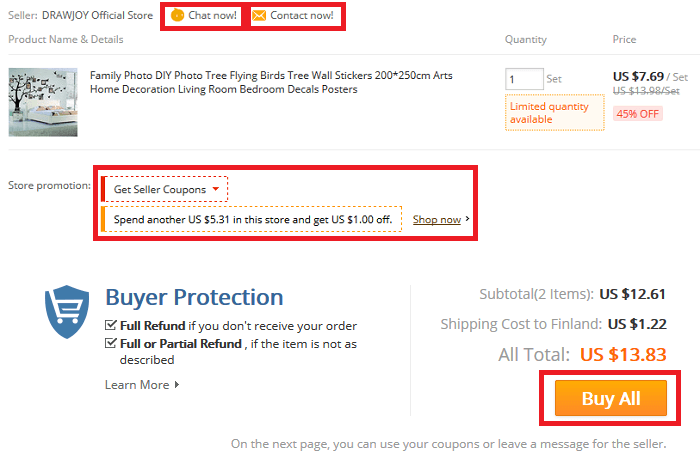 Ota yhteys myyjään/hyödynnä kaupan oma etu