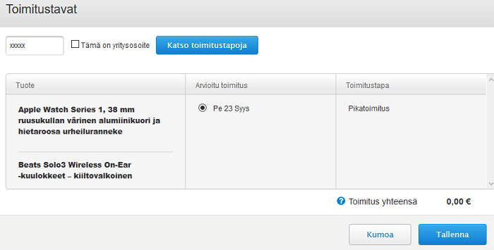 tilauksen toimituspäivämäärä ja -tapa