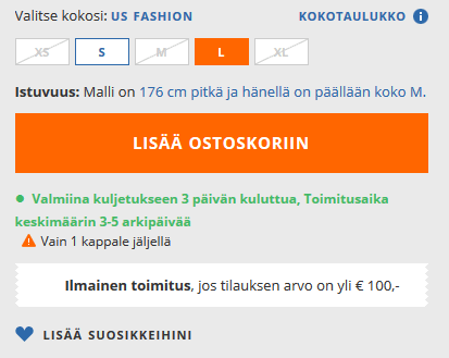 Tuotetiedoissa näet saatavuustiedot