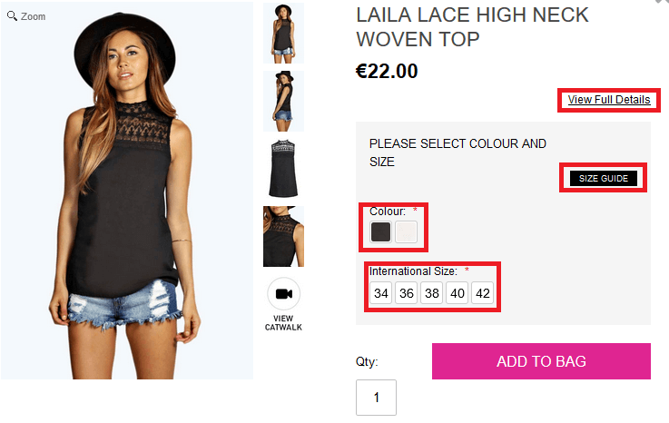 Valitse Quick view -näkymästä oikea koko ja väri