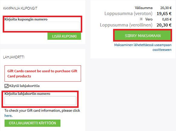Lisää etukoodi ja/tai lahjakortin koodi kassalla
