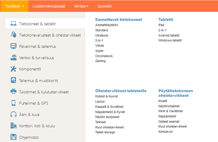 Selkeä tuoteryhmävalikko