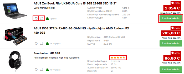 Lisää suosikiksi, vertailuun tai ostoskoriin