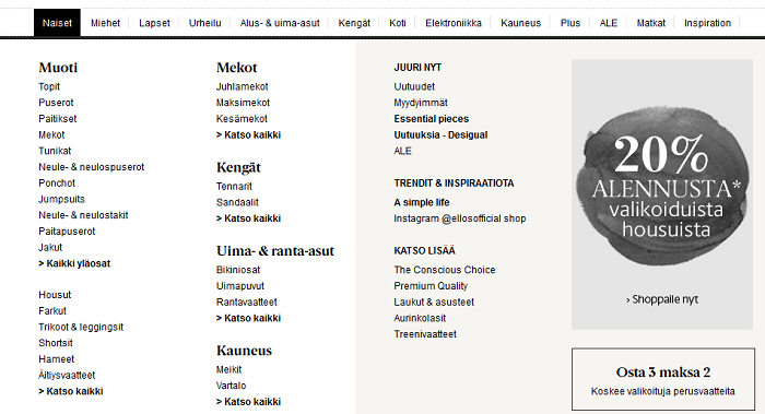 Etusivun päävalikosta aukeava tuotevalikoima