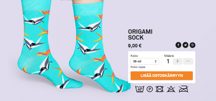 Valitse koko ja määrä; klikkaa tuote ostoskoriin.