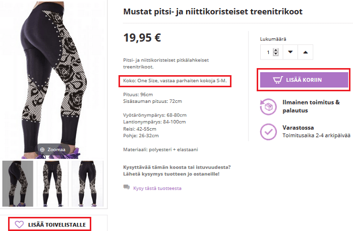 Tee valinnat ja lisää ostoskoriin tai suosikkeihin