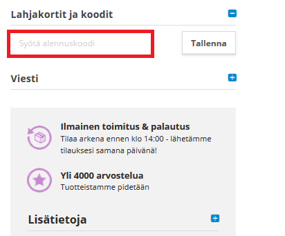 Lisää alennuskoodi
