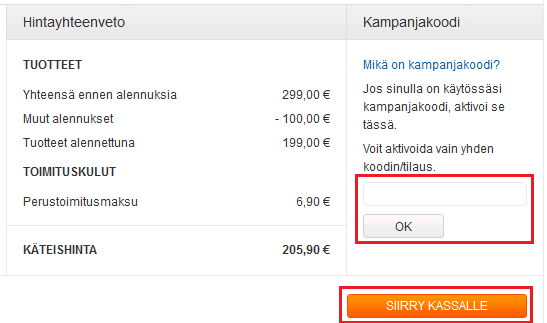 Lisää kampanjakoodi ostoskoriin.
